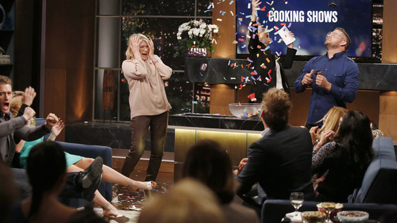 Martha Stewart reacts as the Clue-Boom bowl blows up
