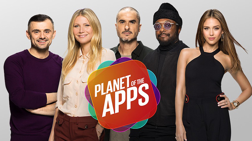 The cast of Planet of the Apps behind the logo